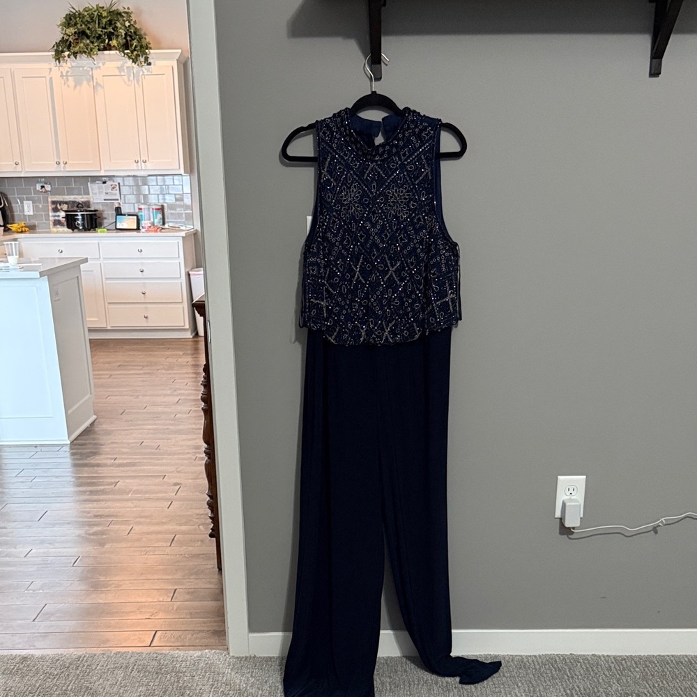 Adrianna Papell Midnight Blue Beaded Jumpsuit